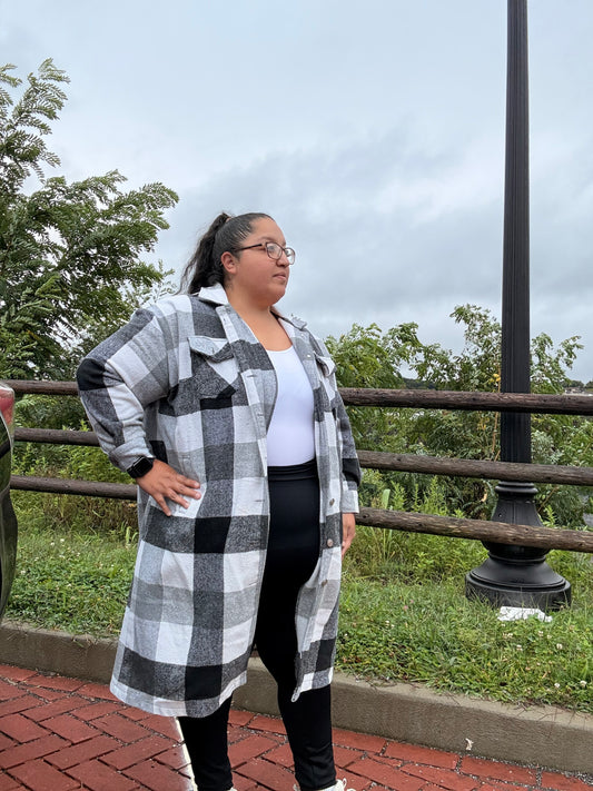 Long Plaid Shacket Button Down Thick Jacket Coat