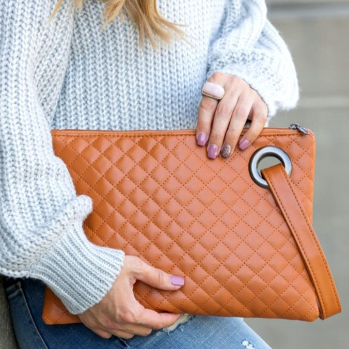 Quilted Alexa Oversized Clutch (Caramel)